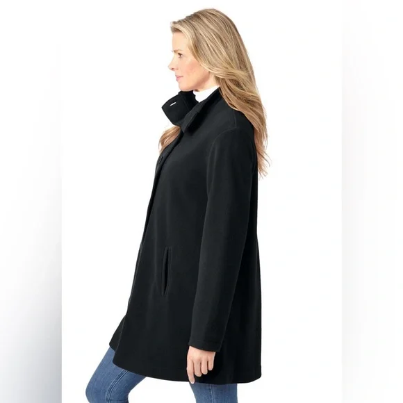 Woman Within Black Fleece Swing Funnel-Neck Coat - Size 34 - Picture 3 of 7